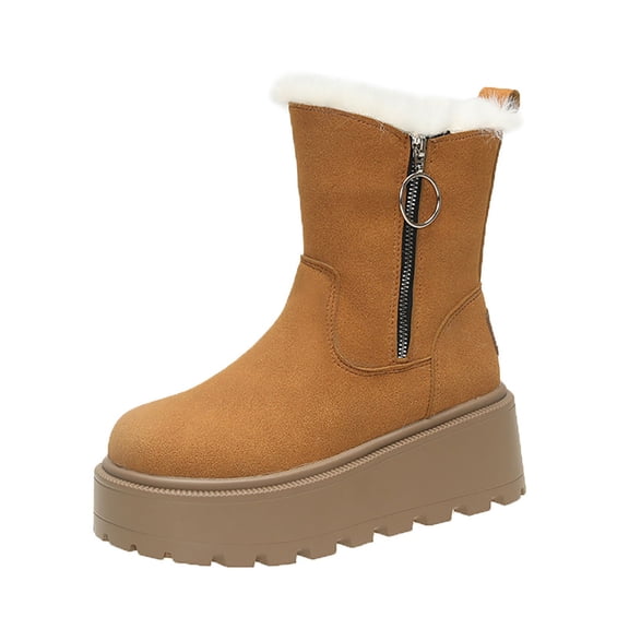 KEGIRLOM Women's Fashionable Casual Winter Comfortable Round Toe Thick Sole Thick Heel Fashionable And Comfortable Side Zipper Warm Short Boots Brown Size 5.5