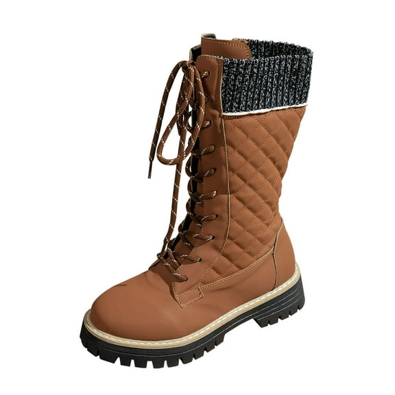 KEGIRLOM Women's Fashionable Casual Winter Fleece-Lined Warm Ankle Boots Solid Color Round Toe Front Lace-Up Side Zipper Heel Low Heel Mid-Calf Boots Khaki 8.5