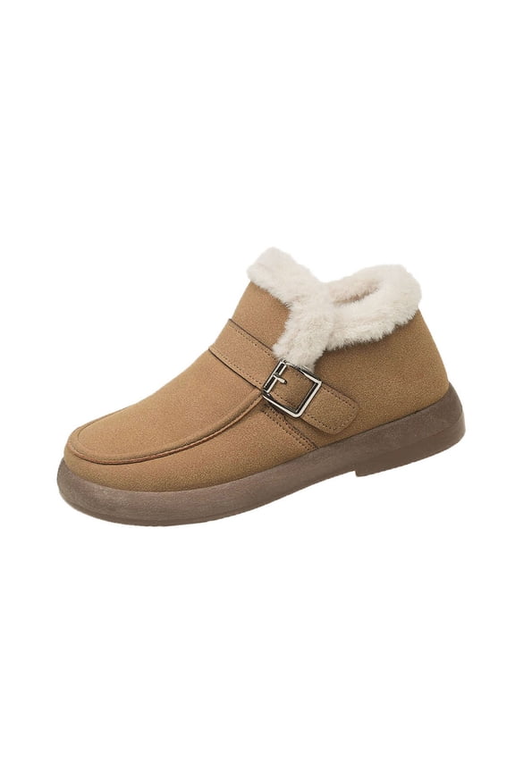 Women's Fashionable Casual Winter Fleece-Lined Warm Flat Ski Boots Solid Color Round Toe Ankle Boots Khaki Size 5.5
