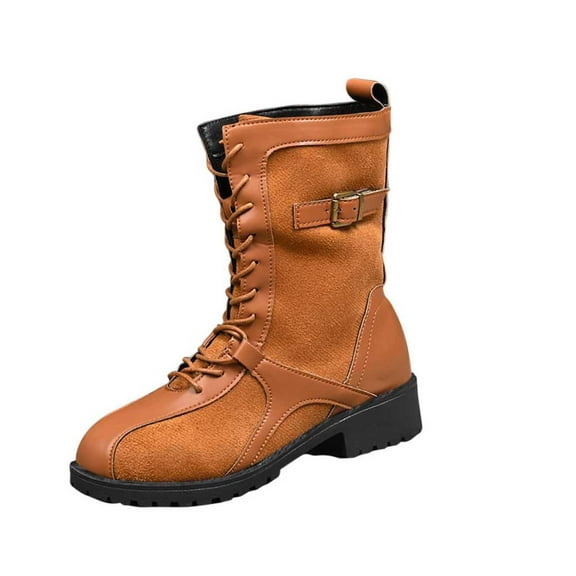 KEGIRLOM Women's Fashionable Casual Winter Lace-Up Belt Buckle Solid Color Mid-Heel Mid-Calf Boots Yellow 9.5