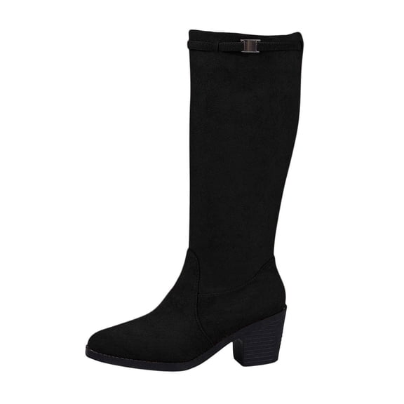 KEGIRLOM Women's Fashionable Casual Winter Long Straight Boots Solid Color Round Toe Thick Heel High Heel Mid-Calf Boots Black 9.5