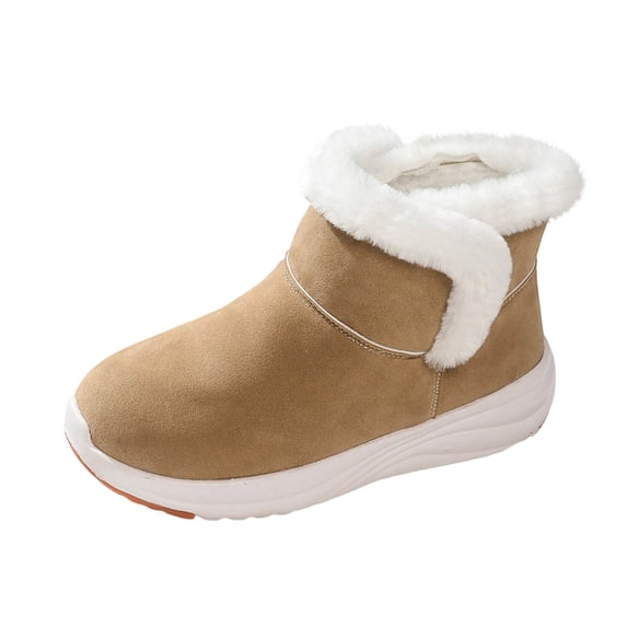 KEGIRLOM Women's Fashionable Casual Winter Plus Velvet Warm Short Boots Solid Color Round Toe Thick Bottom Flat Ankle Boots Khaki 7.5