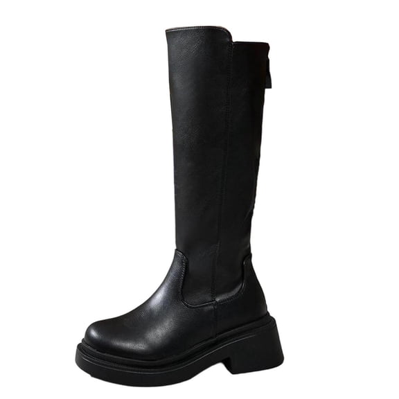 KEGIRLOM Women's Fashionable Casual Winter Solid Color Buckle Strap Heel Round Head Mid-Heel Knee-High Boots Black Size 6.5