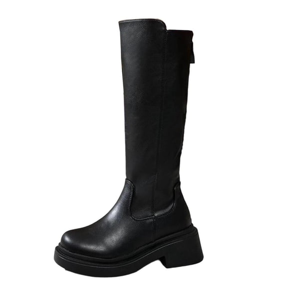KEGIRLOM Women's Fashionable Casual Winter Solid Color Buckle Strap Heel Round Head Mid-Heel Knee-High Boots Black Size 6.5