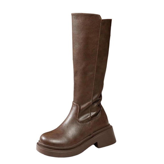 KEGIRLOM Women's Fashionable Casual Winter Solid Color Buckle Strap Heel Round Head Mid-Heel Knee-High Boots Khaki Size 5.5