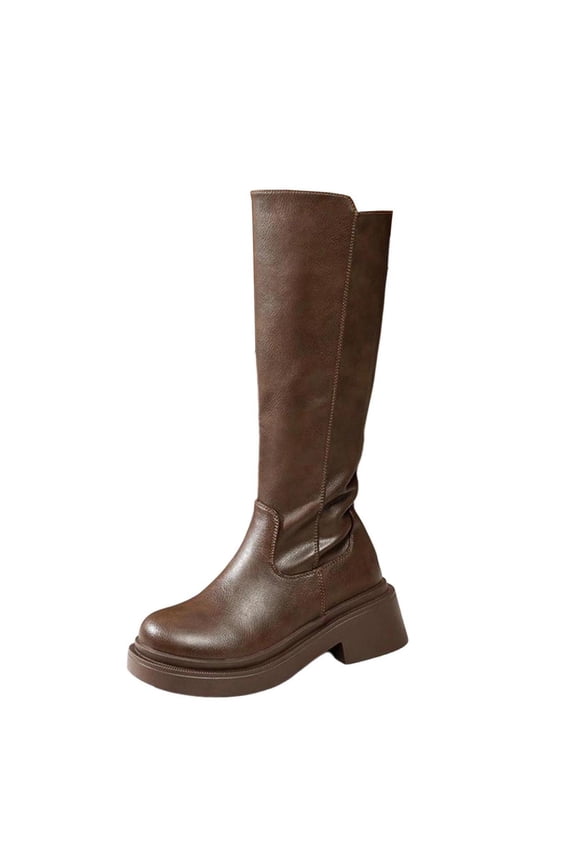 Women's Fashionable Casual Winter Solid Color Buckle Strap Heel Round Head Mid-Heel Knee-High Boots Khaki Size 9