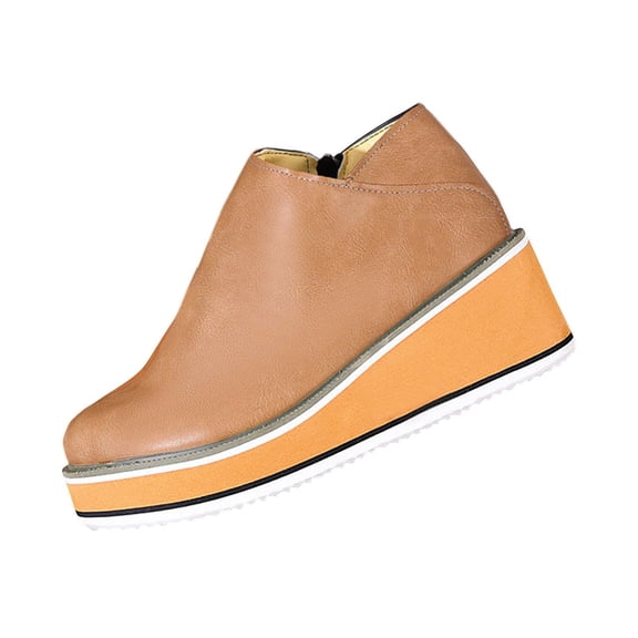 KEGIRLOM Women's Fashionable Casual Winter Solid Color Round Toe Thick Bottom Short Boots Wedge Heel Ankle Boots Khaki 7