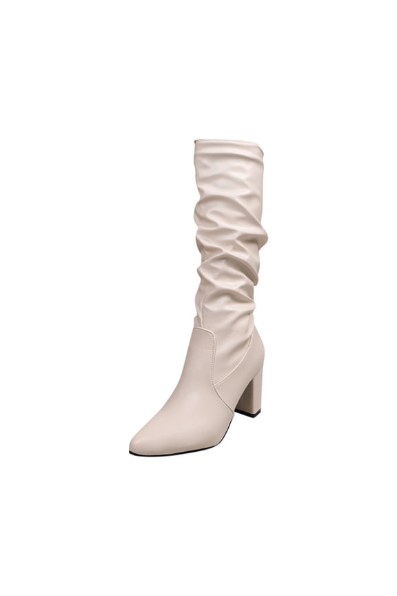 Women's Fashionable And Casual Winter Style Knee-High Pleated Boots Solid Color Splicing Pointed Toe Thick Heel Mid-Heel Knee-High Boots White 6