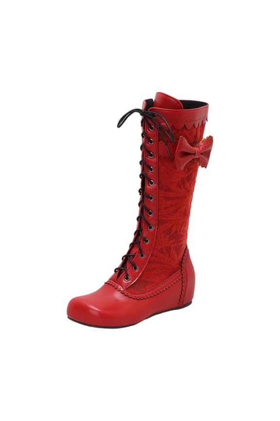 Women's Fashionable Casual Winter Style Knee-High Solid Color Bow Round Toe Side Zipper Front Tie Flat Knee-High Boots Red 5