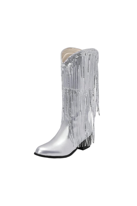 Women's Fashionable Casual Winter Style Knee-Length Solid Color Tassel Pointed Toe Leg Thick Heel High Heel Knee-High Boots Silver 5