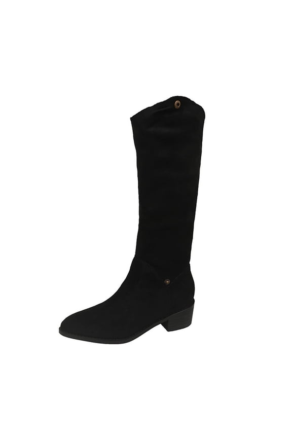 Women's Fashionable And Casual Winter Style Knee-Length Two-Way Boots Solid Color Cuffed Pointed Toe Thick Heel Low Heel Mid-Calf Boots Black 5.5