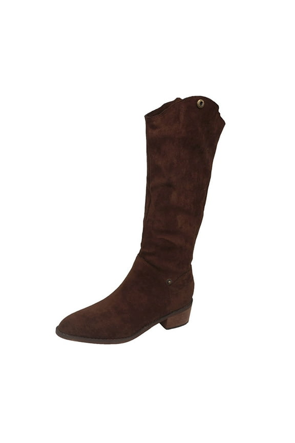 Women's Fashionable And Casual Winter Style Knee-Length Two-Way Boots Solid Color Cuffed Pointed Toe Thick Heel Low Heel Mid-Calf Boots Brown 5.5