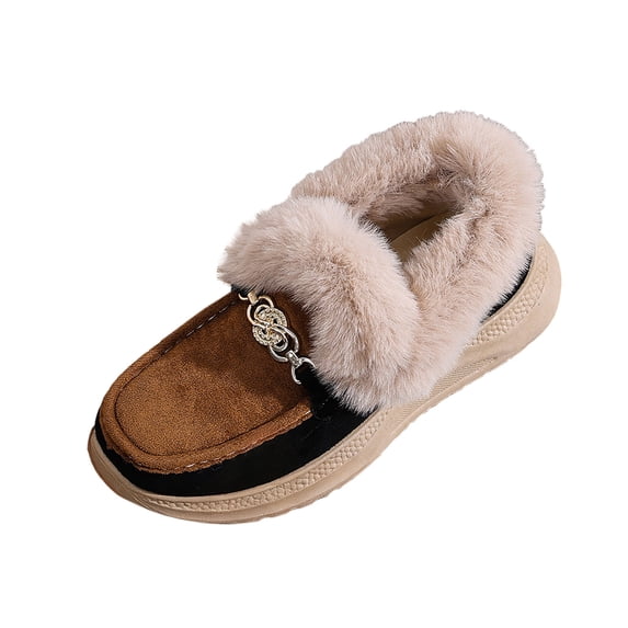 KEGIRLOM Women's Fashionable And Casual Winter Thick-Soled Warm Shoes With Metal Buckles And Furry Mouth Comfortable Wedge Heels Snow Boots Brown Size 9