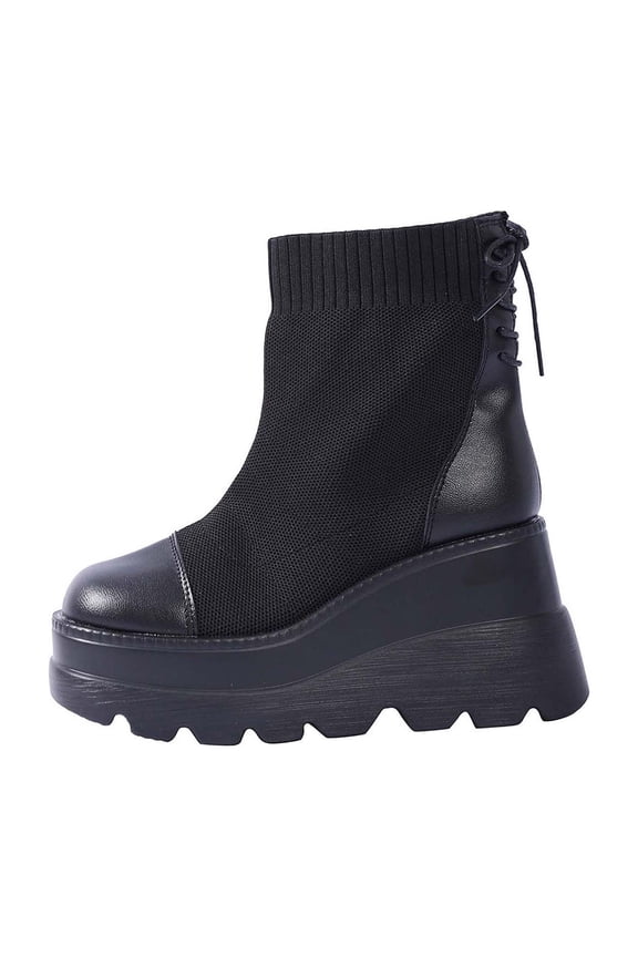 Women's Fashionable Casual Winter Versatile Elastic Leg Short Boots Solid Color Round Toe Rear Laces Thick Bottom Wedge Heel Ankle Boots Black 6