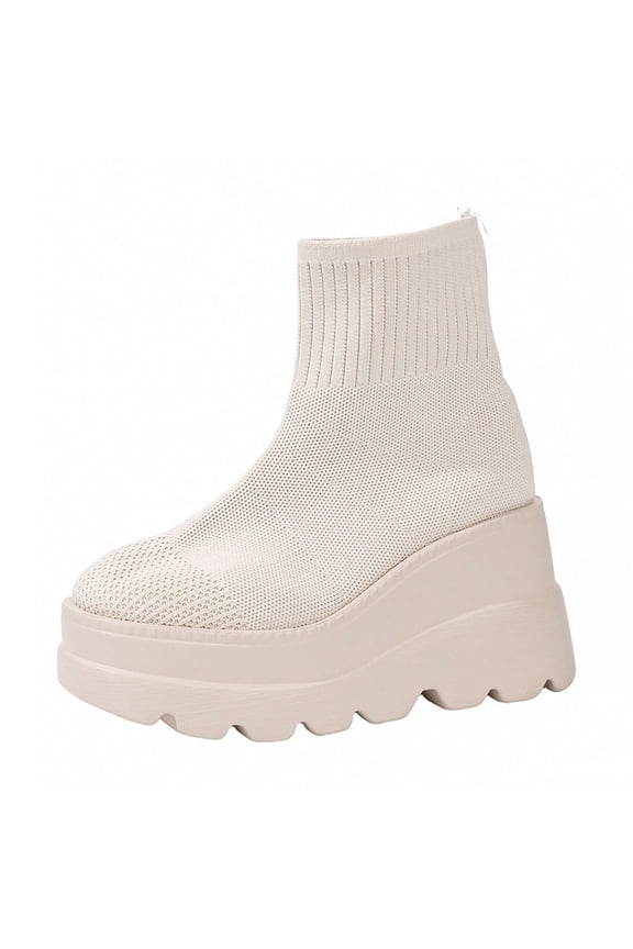 Women's Fashionable Casual Winter Versatile Elastic Leg Short Boots Solid Color Round Toe Thick Bottom Wedge Heel Ankle Boots Beige 9