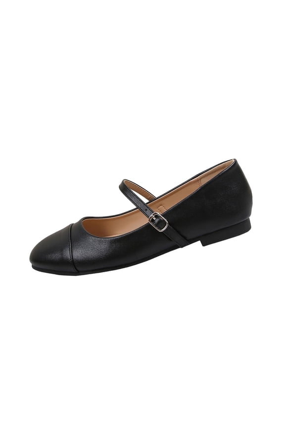 Women's Fashionable And Versatile Plus-Size Soft Leather Low-Cut Round Toe Comfortable Shoes For Spring And Summer Trendy Soft Sole Comfortable Buckle Shoes Black 9.5