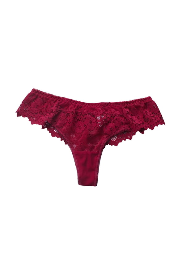 Women's Lace Thong Hollow Transparent Crotch Briefs Underwear Briefs Wine XL