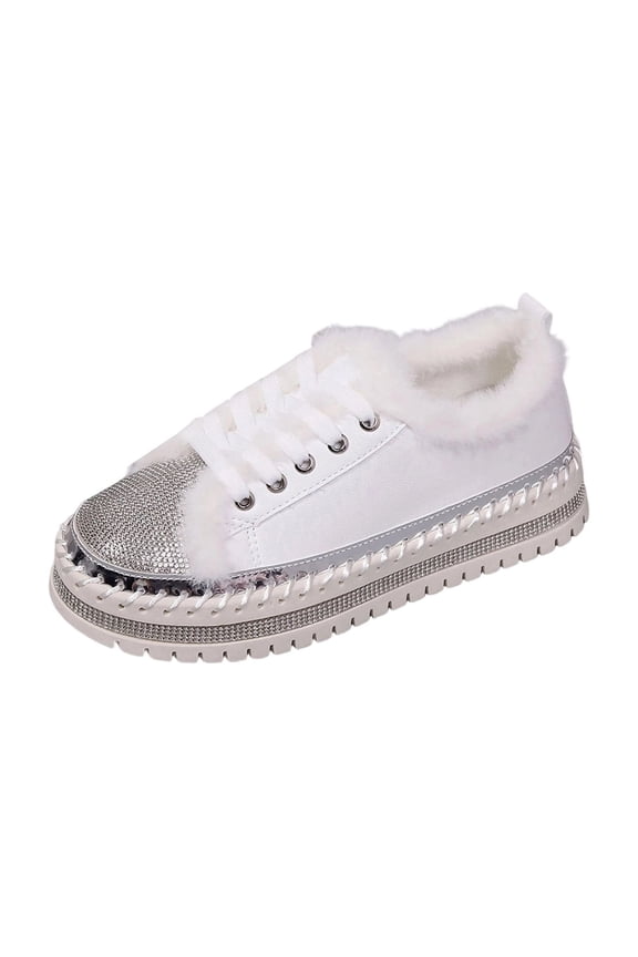 Women's Rhinestone Patchwork Thick-Soled Shoes Plus Size Fall And Winter Trendy Warm Lace-Up Low Heel Shoes White Size 6