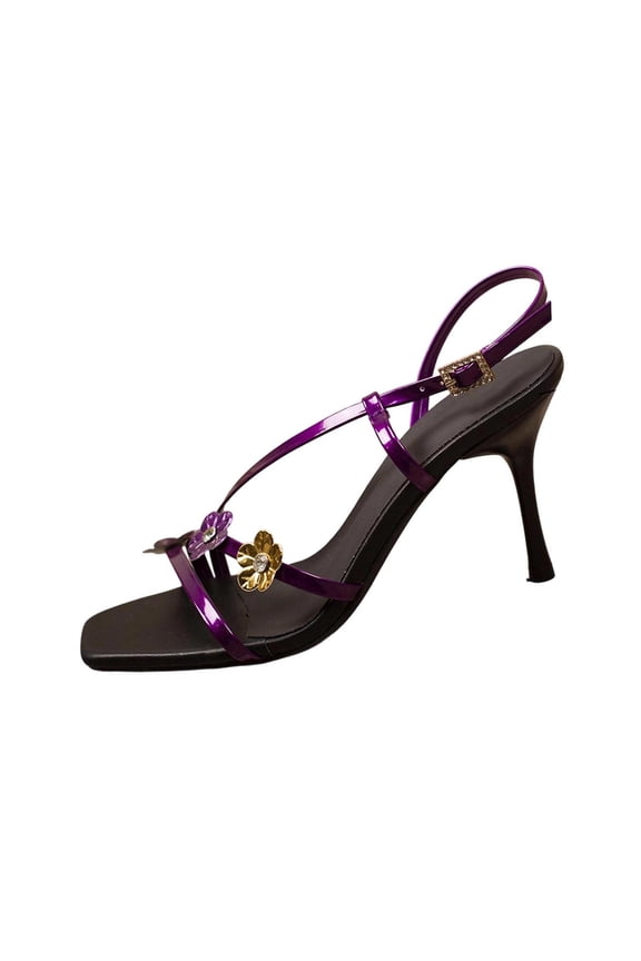 Women's Spring Summer Trendy Comfortable Casual Versatile Wraparound Buckle-Decorated Patent Slides With Fine High Heels Shoes Purple 7