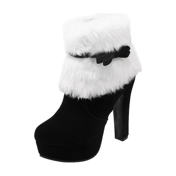 KEGIRLOM Women's Sweet And Cool Hot Style Furry Bow Side Zipper Fashion Bootstrendy Fleece Lined Fall And Winter Style With Heel And Finish Black Size 9