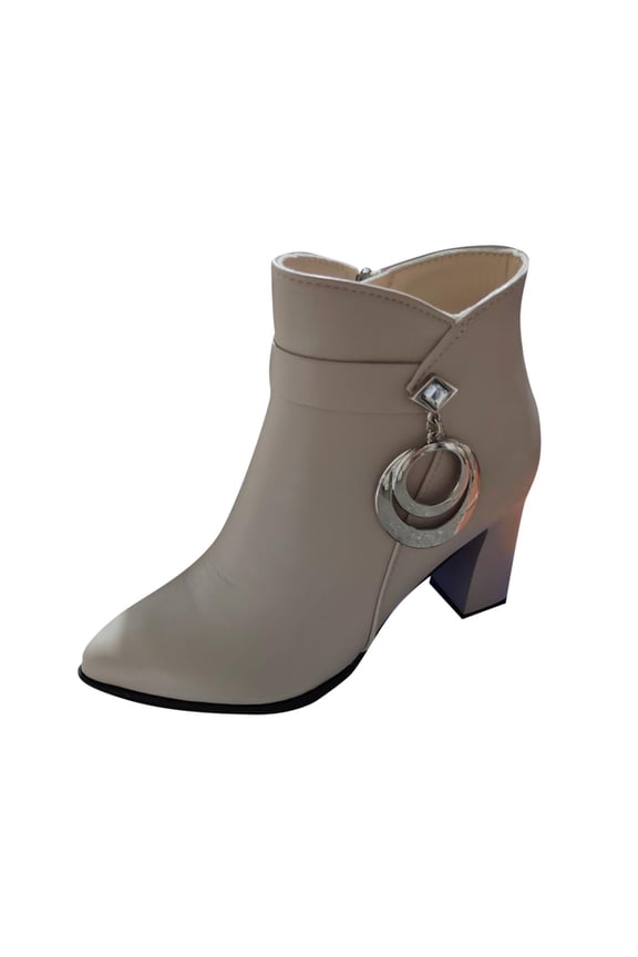 Women's Thick Heel Metal Ring Decorated Pointed Toe Ankle Boots Large Size Fall And Winter Style Comfortable Height-Enhancing Thick-Soled Ankle Boots Beige 5.5
