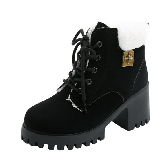 KEGIRLOM Women's Thick-Soled Large-Size Lace-Up Fall And Winter Comfortable Height-Enhancing Thick-Heeled Short Boots Black 5.5