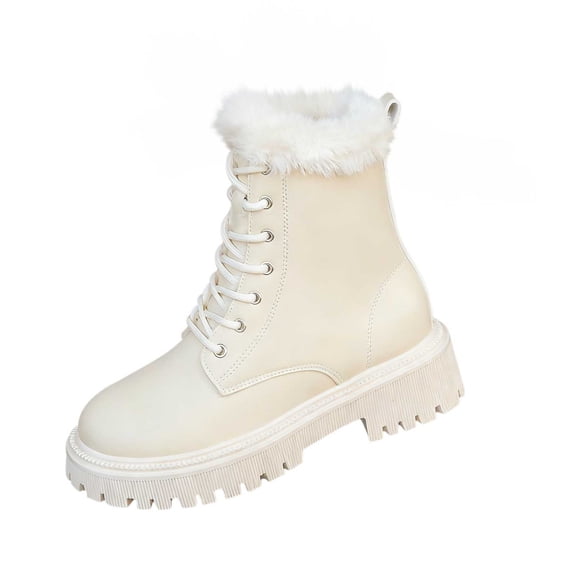 KEGIRLOM Women's Trendy And Fashionable British Style Lace-Up Fleece-Lined Ankle Boots Mid-Heeled Snow Boots White 5.5