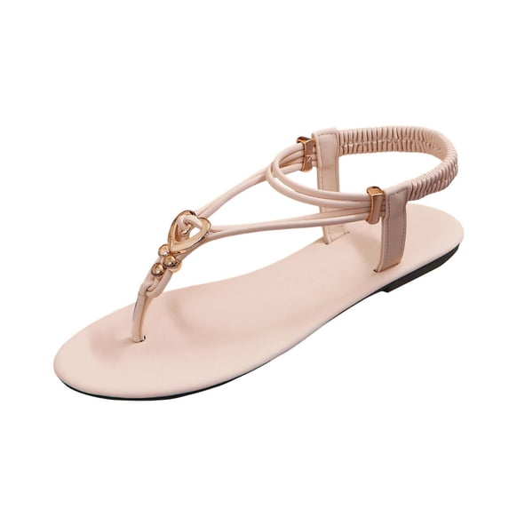 KEGIRLOM Women's Versatile Buckle Strap Beaded Flops Plus Size Shoes Spring/Summer Style Trendy Comfortable Flat Decorative Outdoor Beach Sandals Beige 8.5