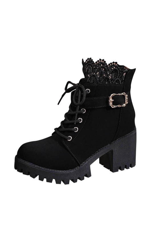 Women's Versatile Cool Eye-Catching Lace Patchwork Thick Heel Round Toe Fall And Winter Style Comfortable Height-Enhancing Thick-Soled Short Boots Black 9