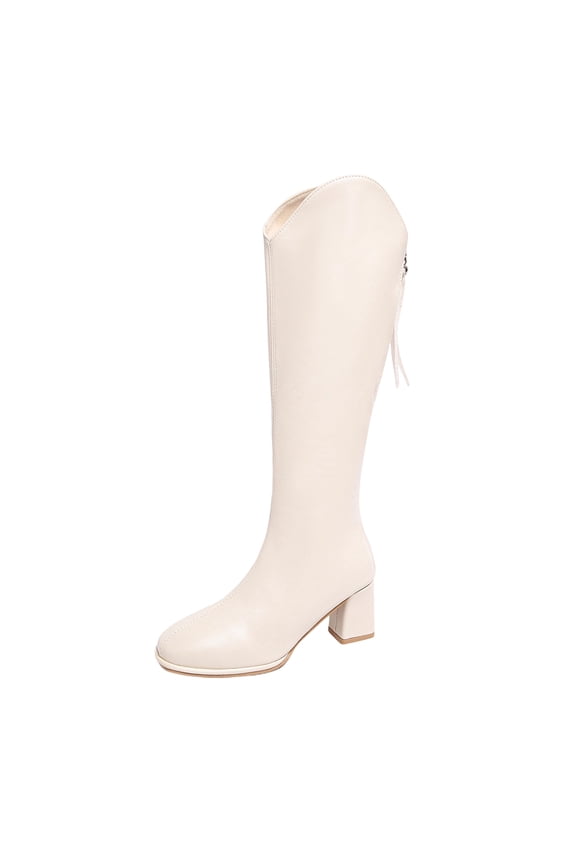 Women's Versatile Cool Eye-Catching Pointed Toe Fall And Winter Style Comfortable Height-Enhancing Thick Sole Knee-High Thick Heel High Boots White 8.5