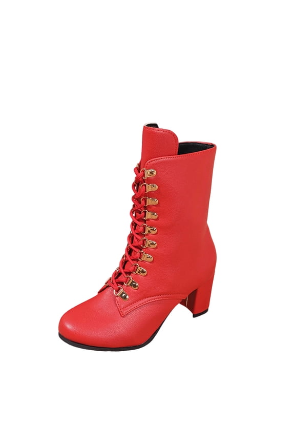 Women's Versatile Cool Eye-Catching Solid Color British Style Large Size Fall And Winter Style Comfortable Heightened Thick Heel Short Barrel Motorcycle Boots Red 6