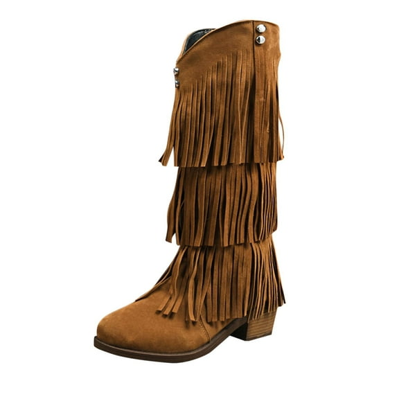 KEGIRLOM Women's Versatile Cool Eye-Catching Tassel Round Toe Solid Color Large Size Fall And Winter Style Comfortable Height-Enhancing Boots Brown 9