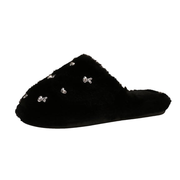 KEGIRLOM Women's Versatile And Cute Rhinestone Heart-Shaped Toe Thickened Warm Slippers Fashionable Fall And Winter Trendy Flat Soft Sole Home Sandals Black Size 7.5