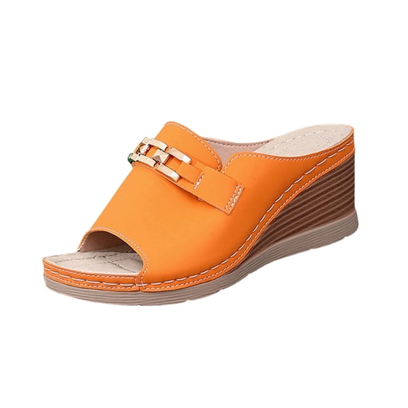 KEGIRLOM Women's Versatile Metal Wedge Shoes Plus Size Spring And Summer Style Trendy Thick-Soled Beach Sandals Orange Size 9