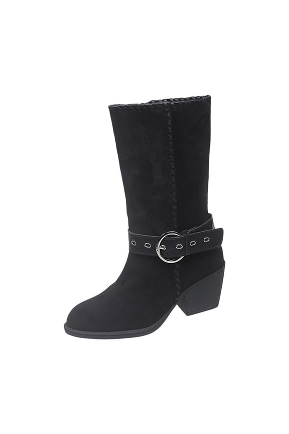 Women's Versatile Pointed Toe Western Cowboy Suede Cool Eye-Catching Fall And Winter Style Comfortable Thick Heel Short Boots Black 5.5