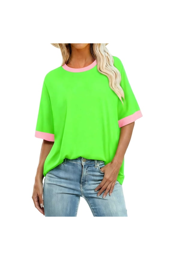 Womens Plus Size Short Sleeve T Shirts Fashion Ringer Tees Loose Fit Crewneck Patchwork Blouses Summer Casual Lightweight Shirt Green S