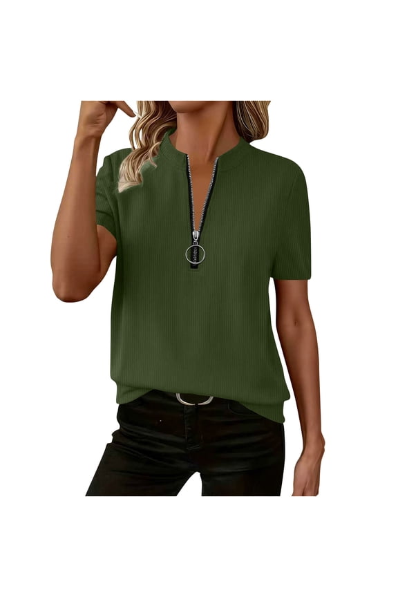 Womens Summer Tops Short Sleeve V Neck Zip Up Shirts Loose Casual Ribbed Knit Henley Shirts Dressy Work Tunic Blouses Army Green XXL
