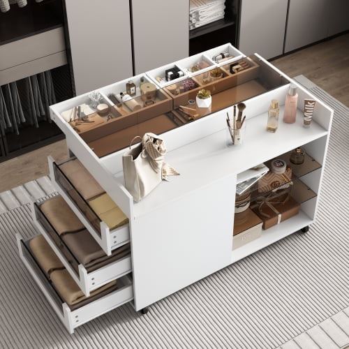 KEHOMY 43.3" Multi-functional Storage Island Movable Storage Cabinet Island Vanity Dresser with 3 Side Storage Drawer, a Reversible Top Storage Space and Two Glass Display Shelves, White