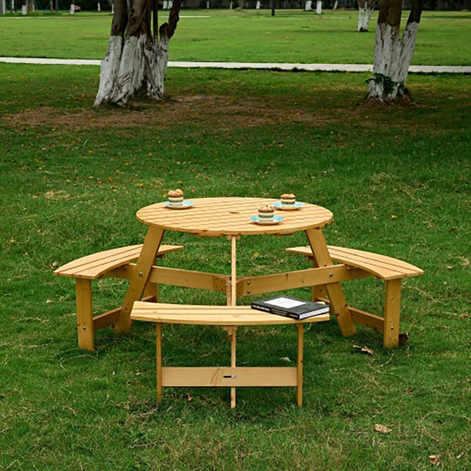 KEHOMY Outdoor 6 Person Round Picnic Table, with 3 Built-in Benches ...