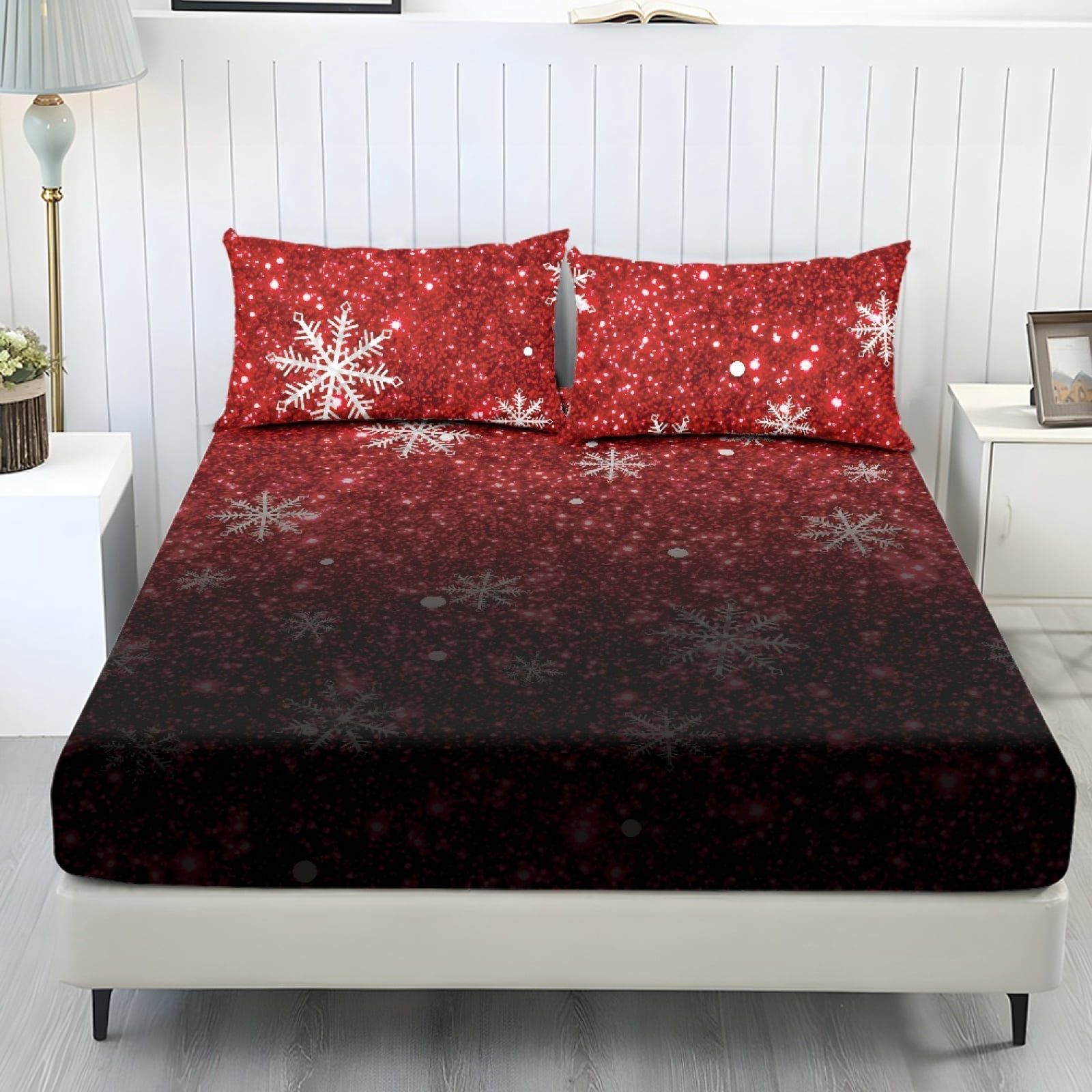 KEIAHUAN 3 Pcs Christmas Fitted Sheet Set with 2 Pillowcases, Red ...
