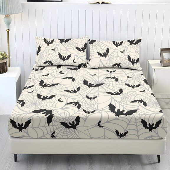 KEIAHUAN 3 Pcs Halloween Fitted Sheet Set with 2 Pillowcases, Bat Spider Web Bedding Set, Breathable Cool to the Touch, Ultra-Soft, Guest Room, King