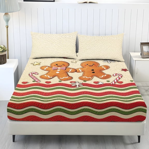 KEIAHUAN 3 Piece Christmas Bedding Set with 2 Pillowcases, Gingerbread Man Fitted Sheet Set, Machine Washable, Ultra-Soft, Wrinkle-Resistant, No Fading, Guest Room, King