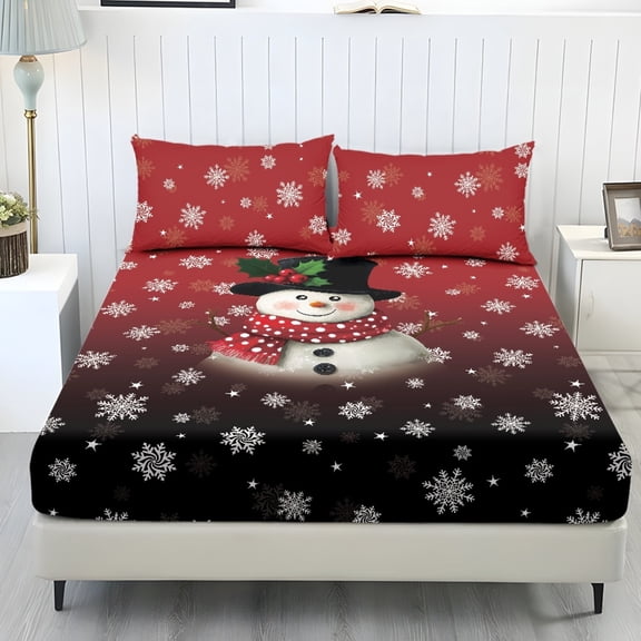 KEIAHUAN 3 Piece Christmas Bedding Set with 2 Pillowcases, Red Snowman Fitted Sheet Set, Anti-Slip Deep Pocket, Machine Washable, Master Bedroom, Twin