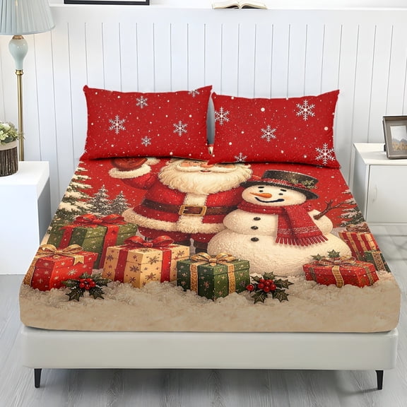 KEIAHUAN 3 Piece Christmas Bedding Set with 2 Pillowcases, Santa Fitted Sheet Set, Stretchy Deep Pocket, Ultra-Soft Polyester Spandex Blend, Anti-Slip, Machine Washable, Guest Room, Twin