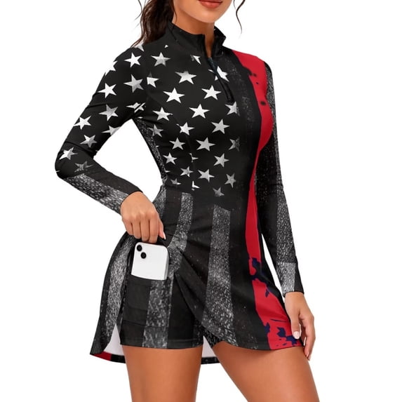 KEIAHUAN American Flag Womens Tennis Dress with Shorts Golf Outfits Long Sleeves Golf Dress,High Waist Athletic Dresses with Pocket,Breathable Exercise Dresses,Spooky Halloween Costume,S