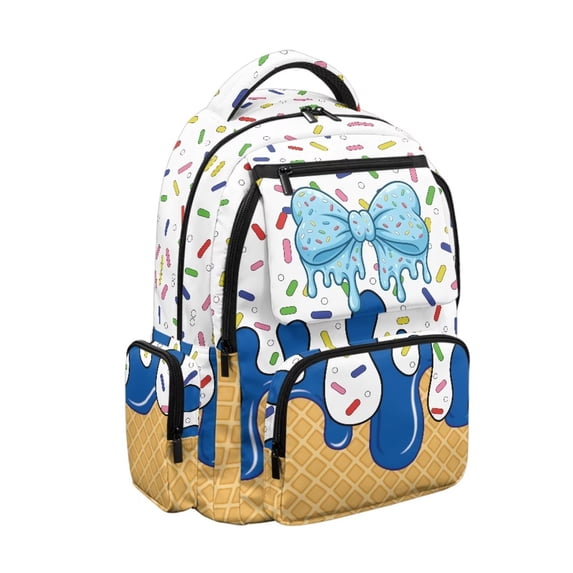 KEIAHUAN Blue Bow Boys Backpack, Weatherproof Polyester Daypack for Girls Kids, Large Capacity 17 Inch Ice Cream Print Bookbag,Multi Pocket Storage for Elementary Middle School Ages 6-14