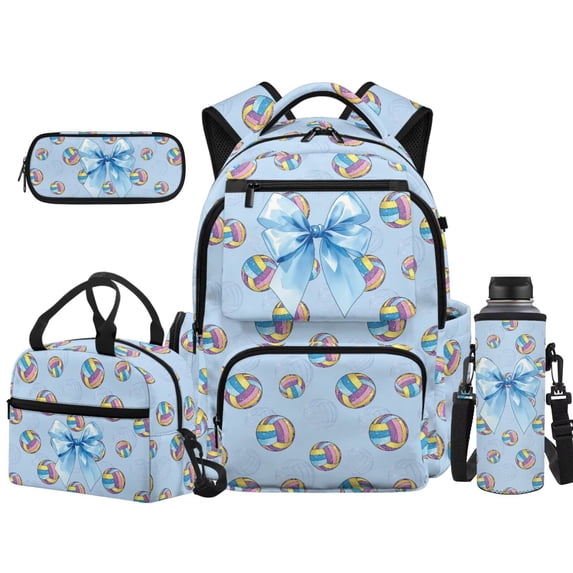 KEIAHUAN Blue Bow Volleyball Boys Backpack Set for Kids, Durable & Lightweight, 4pcs Back to School Kit, 17 Inch Daily Backpack, Ideal Supplies for 6-8 Students, Partition Pencil Case Included