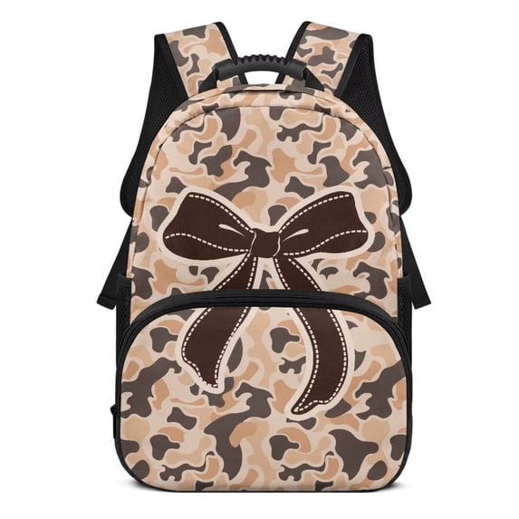 KEIAHUAN Brown Camo Bow Backpack for Boys, Soft Breathable Back Panel Daypack, Large Capacity 17 Inch School Bag Fits 14 Inch Laptop, Thoughtful Back to School Gift for Girls Kids Students