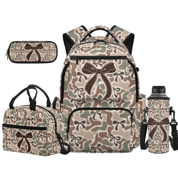 KEIAHUAN Brown Camo Bow Kids Backpack Set, Easy to Clean & Durable, 17 Inch Student Backpack, 4pcs Combo, Versatile School Supplies for Daily Campus Use Ages 6-12 with Thermal Lunch Bag
