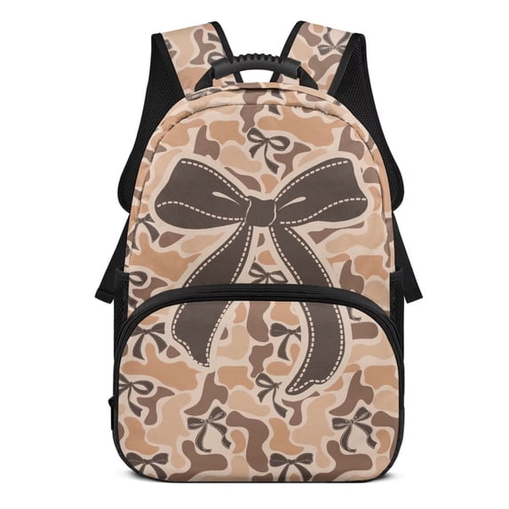 KEIAHUAN Brown Camo Bow School Backpack for Boys, Smooth Built-in Zipper Storage Bookbag, 17 Inch Large Capacity Fits 14 Inch Laptop,Breathable Back Daypack for Girls Kids Short Travel & Hiking